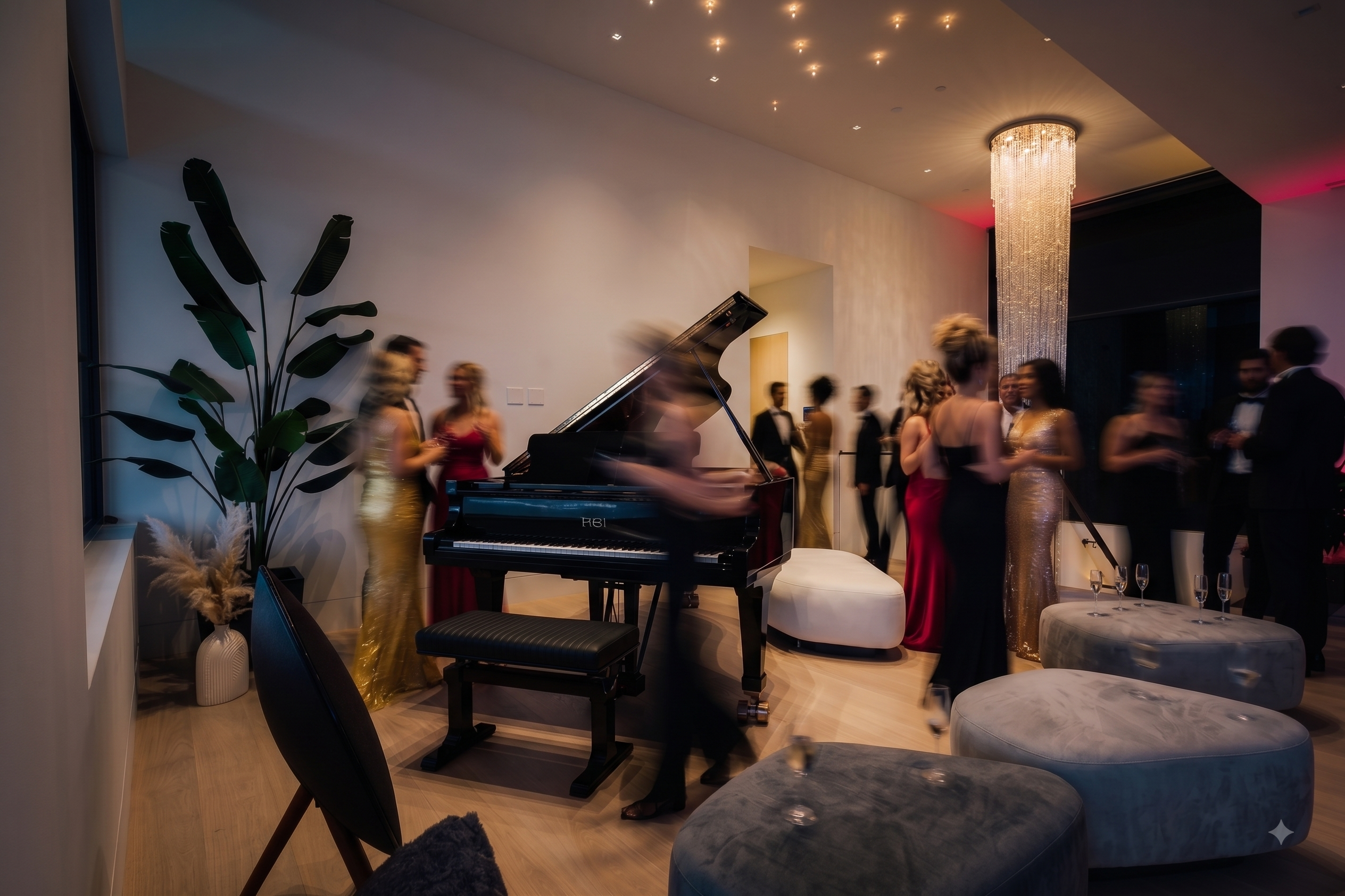 Guests gathering around a grand piano in a residential entertaining space